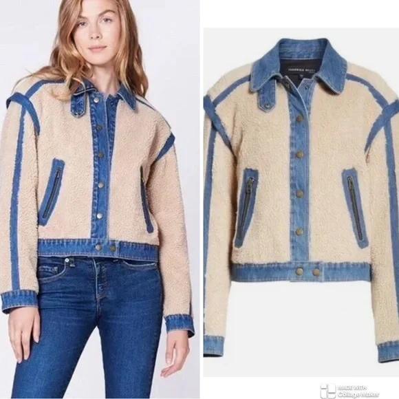 💔 SOLD Veronica Beard POTTER CROPPED DENIM-TRIM SHERPA JACKET IN OATMEAL S - Picture 3 of 8